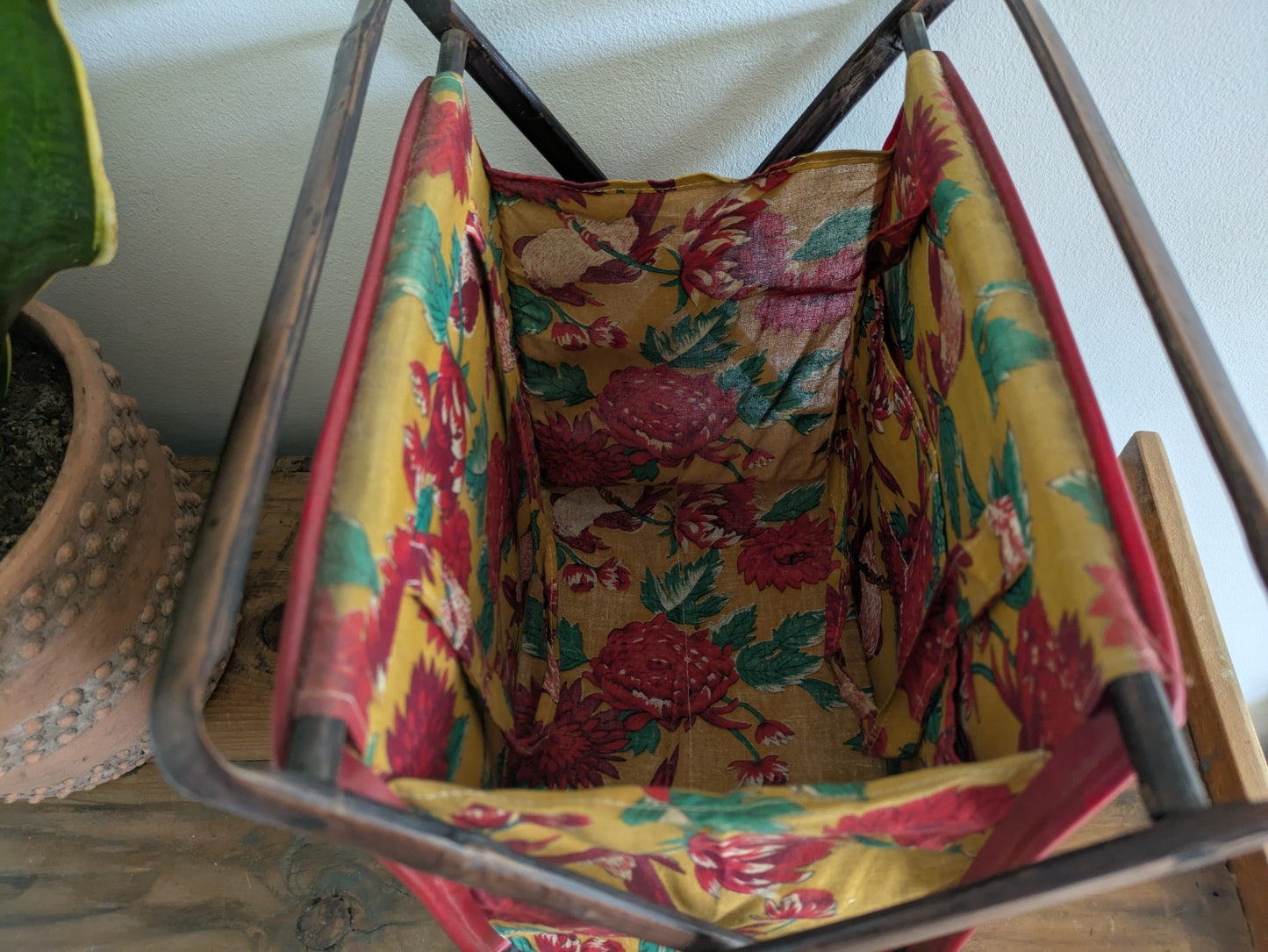 Vintage Folding Sewing Bamboo Woven Applique Magazine Tiki Rack Newspaper Basket