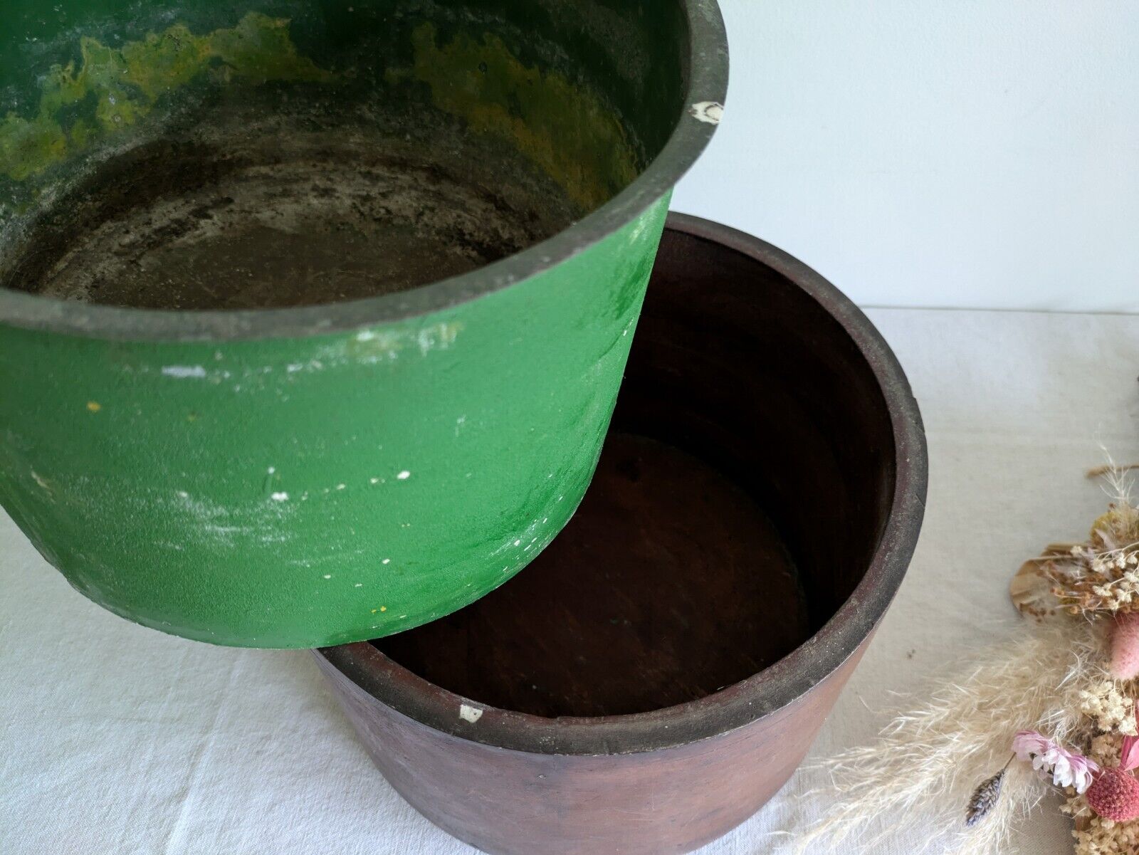ANTIQUE BENTWOOD LINED WOOD ROUND WOODEN PLANTER PLANT POT TREEN VTG JARDINERE