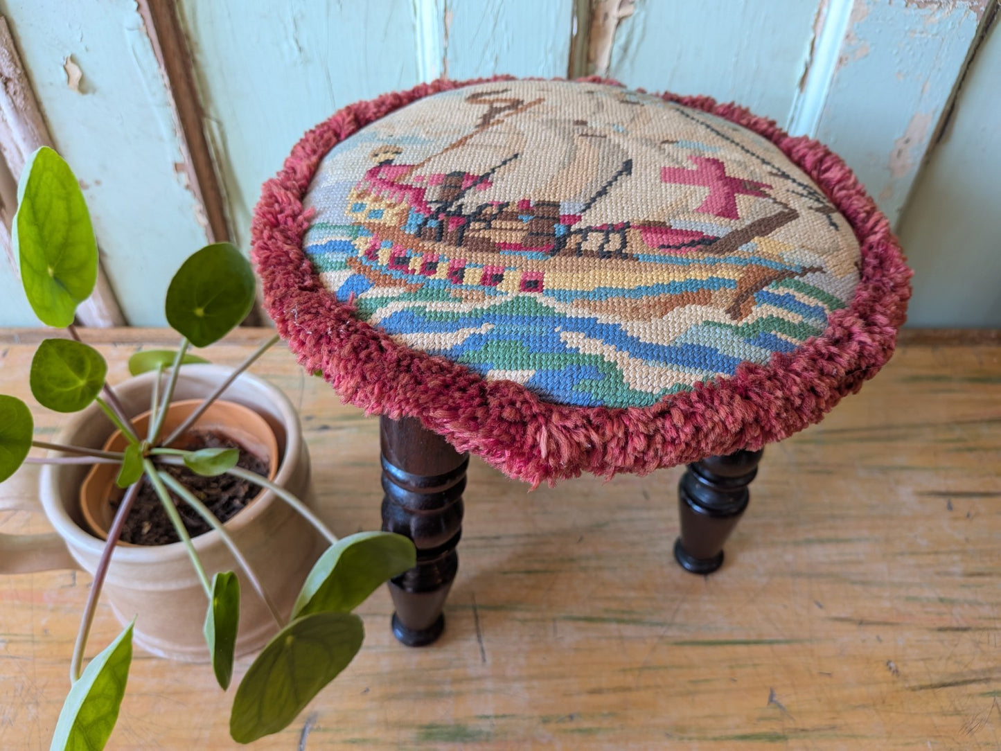 Victorian Tripod Needlepoint Foot Stool Ship Sailing Seat Tapestry Antique Vtg
