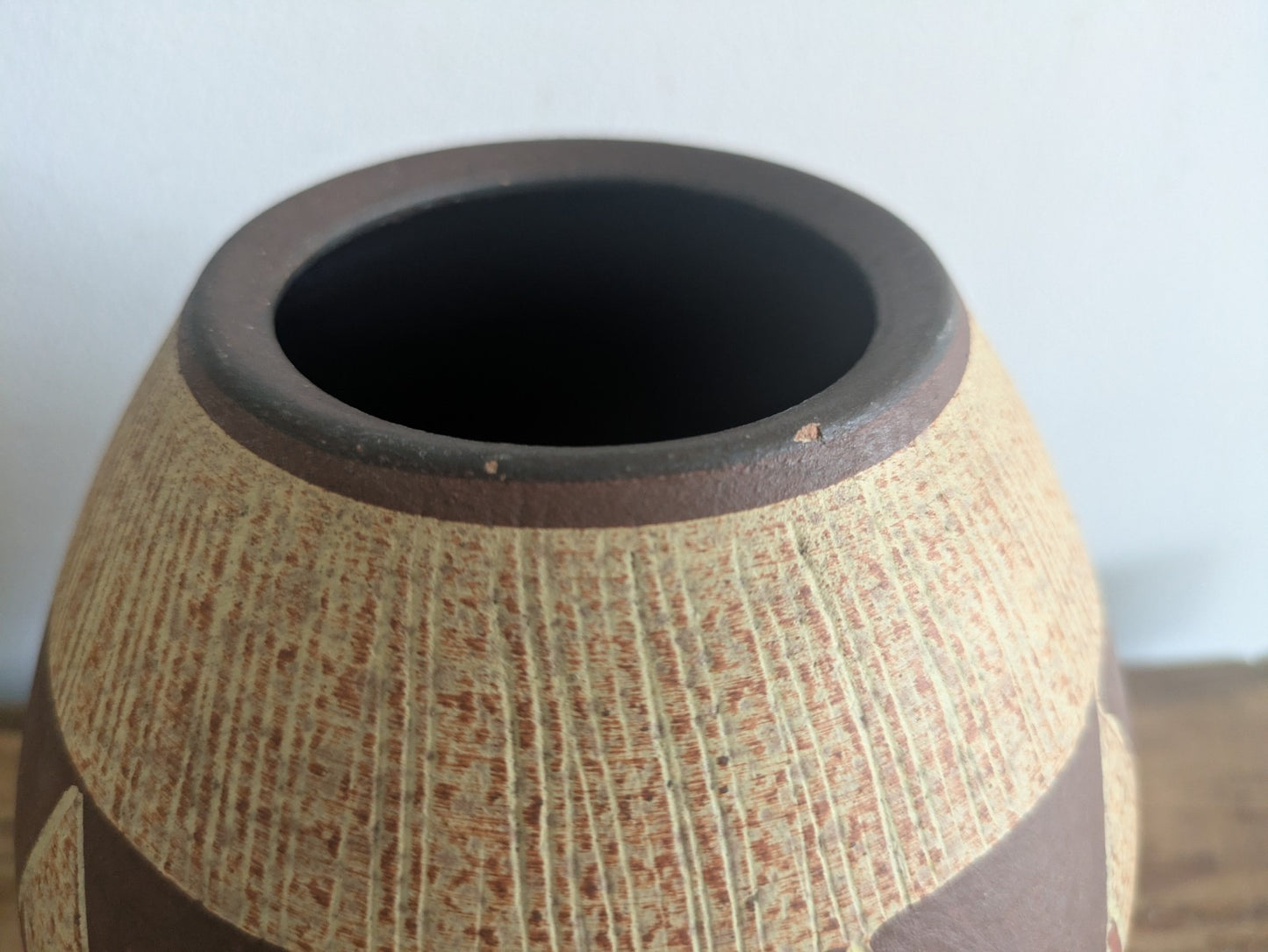 Mid Century German Art Pottery Aztec Design Vase Handerbeit Germany Sawa Brown