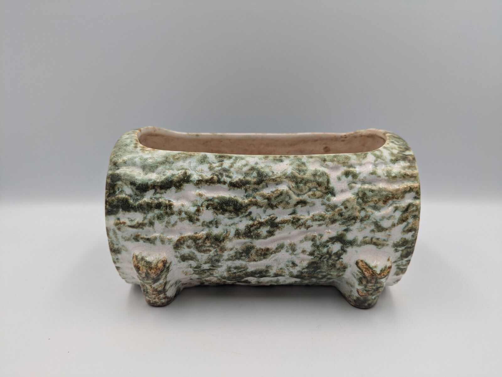 Tree Bark Green Pottery Figural Woodland Glaze Log Planter Vintage Retro Mantle