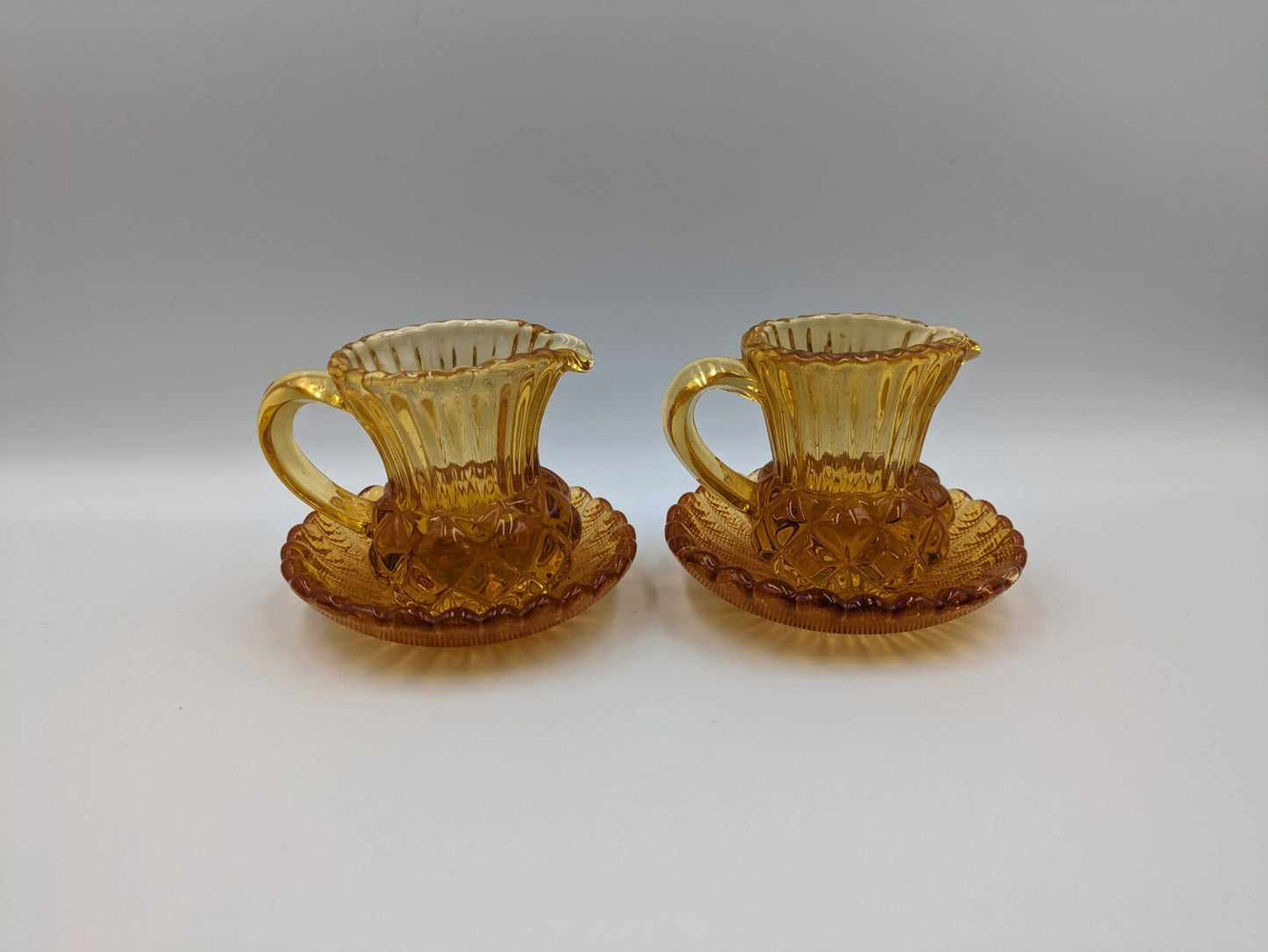 2x Vintage Amber Glass Thistle Shape Cream Milk Jug Toothpick Holder Saucer Rare