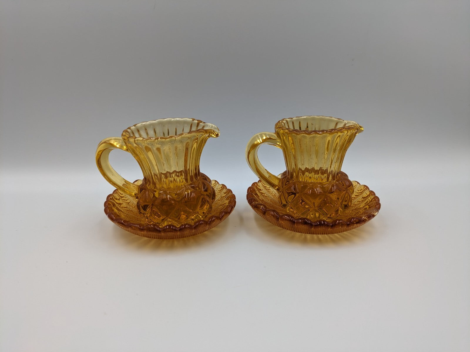 2x Vintage Amber Glass Thistle Shape Cream Milk Jug Toothpick Holder Saucer Rare