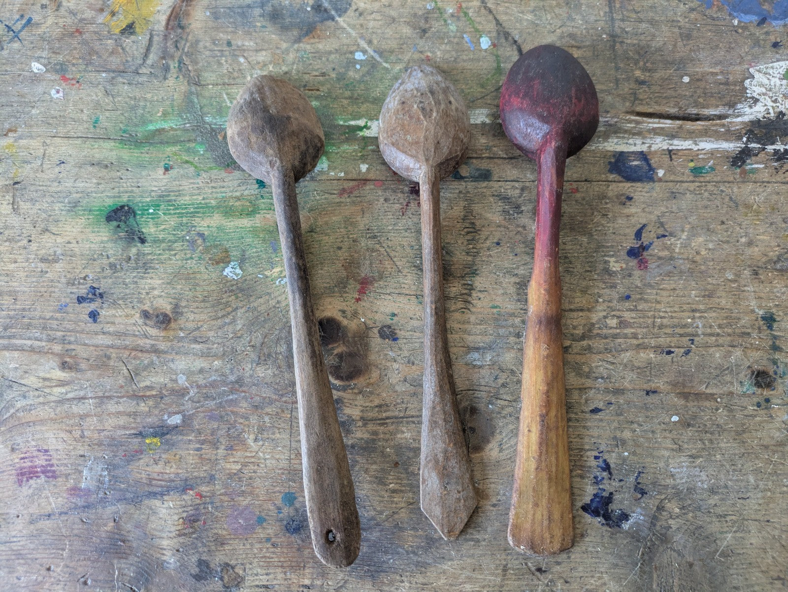 OLD ANTIQUE PRIMITIVE WOODEN HANDMADE LONG RARE CARVED SPOONS PADLE - LOT OF 3..