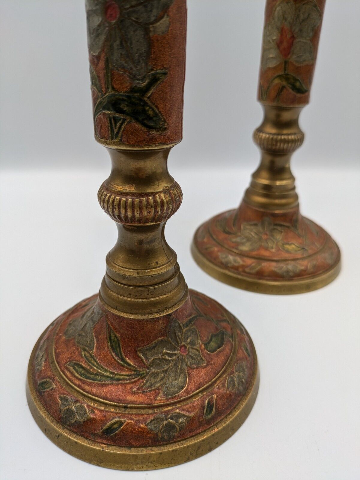 Pair Of Vintage Cloisonne Brass Candle Holder Enameled Brass Red & Blue Floral