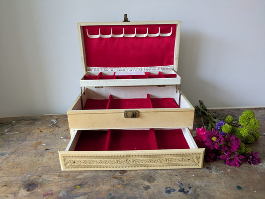 Vintage MELE 3 Tier Jewellery Box Faux Leather Made in U.S.A 1950s Red Velvet