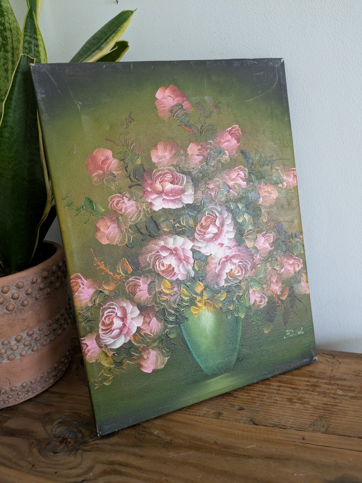 Signed Oil Painting Floral Bouquet Picture Vintage Still Life On Canvas Fields
