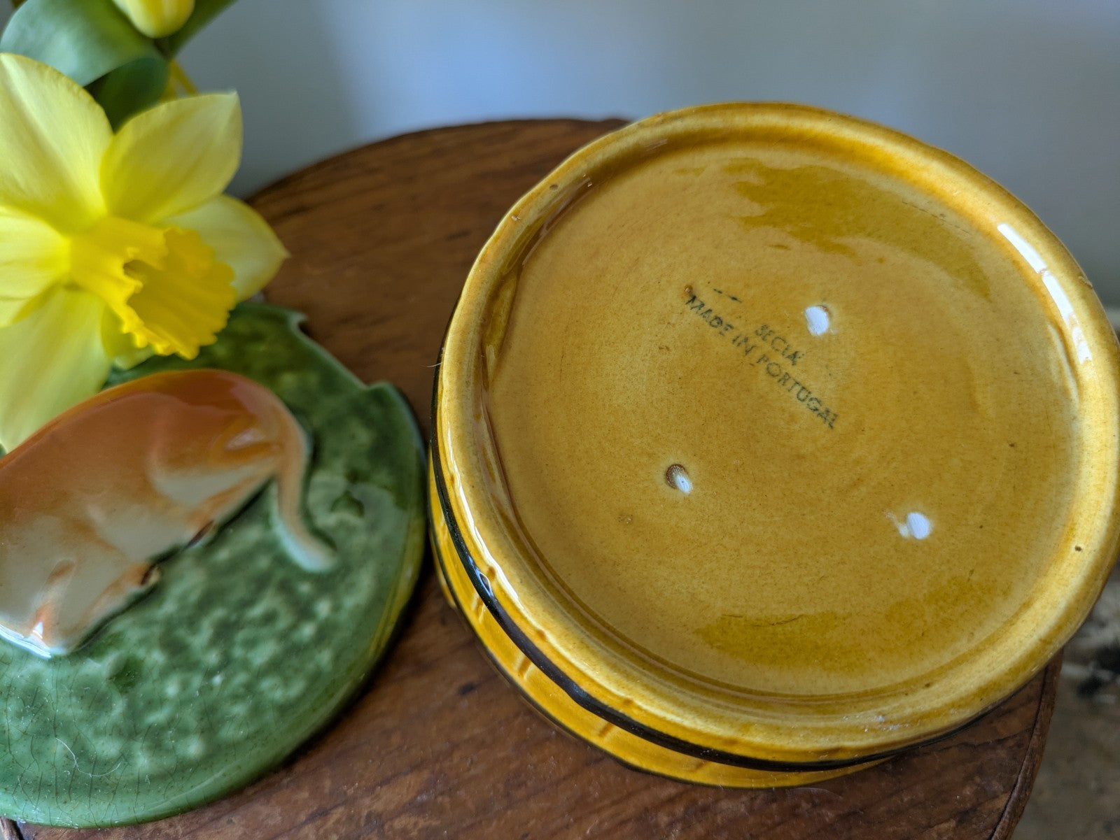 Vintage Secla Pottery Majolica Lidded Butter Dish - cow on a barrel Pot Cheese