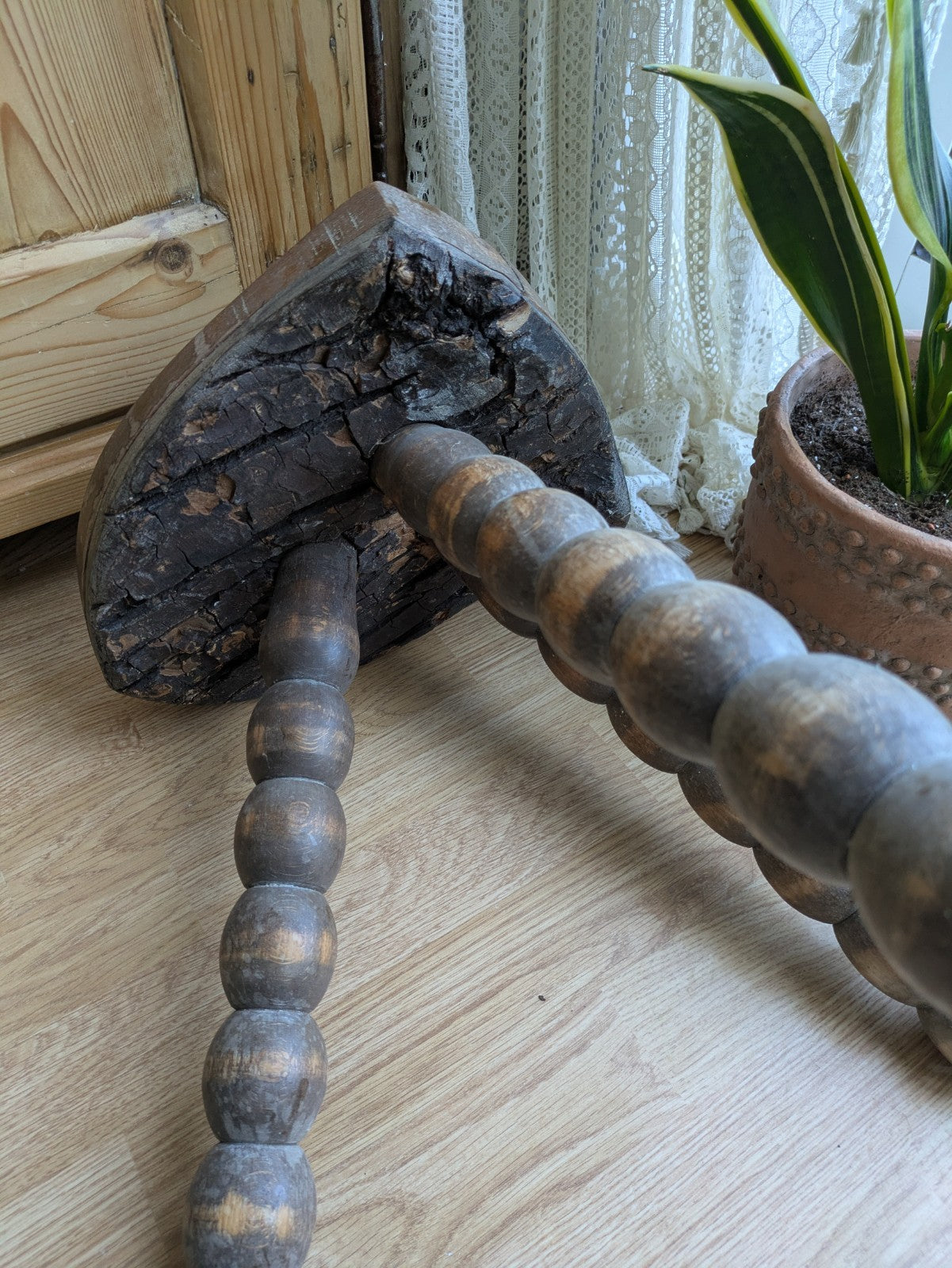 Antique 19th Century Vintage French Tripod Bobbin Leg Stool Plant Or Lamp Stand