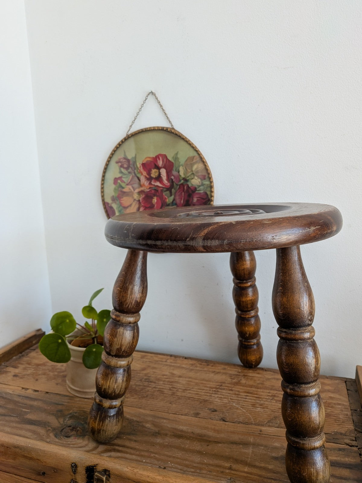 Antique Vintage French Oak Bulls Eye Round Rustic Milking Stool Plant Stand Vgc