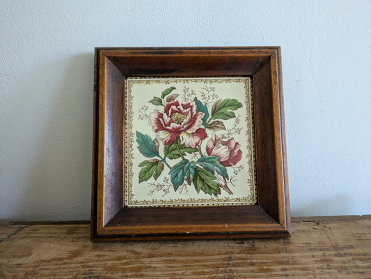 Antique Vintage MAW & Co Wooden FRAMED Ceramic TILE Trivet Floral Rose Stand Vgc