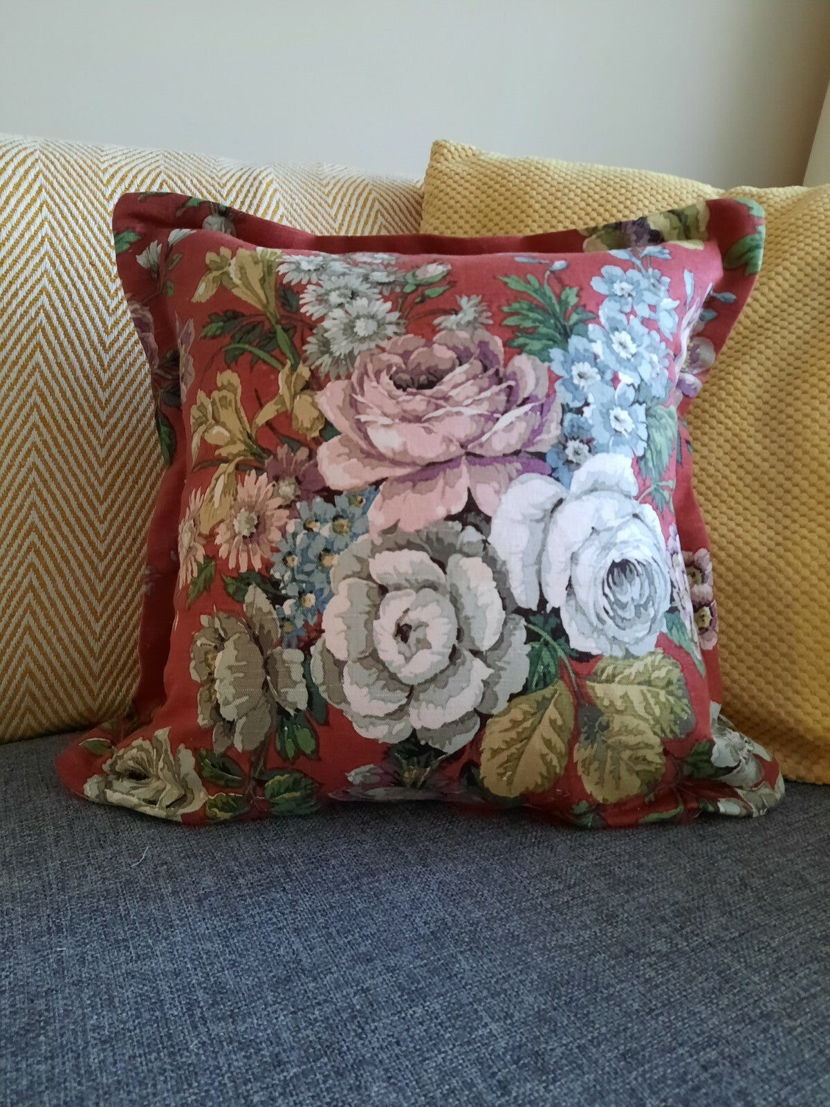 Vintage Sanderson Floral LINEN Cushion Cover inner Square 50cm sq feather pink