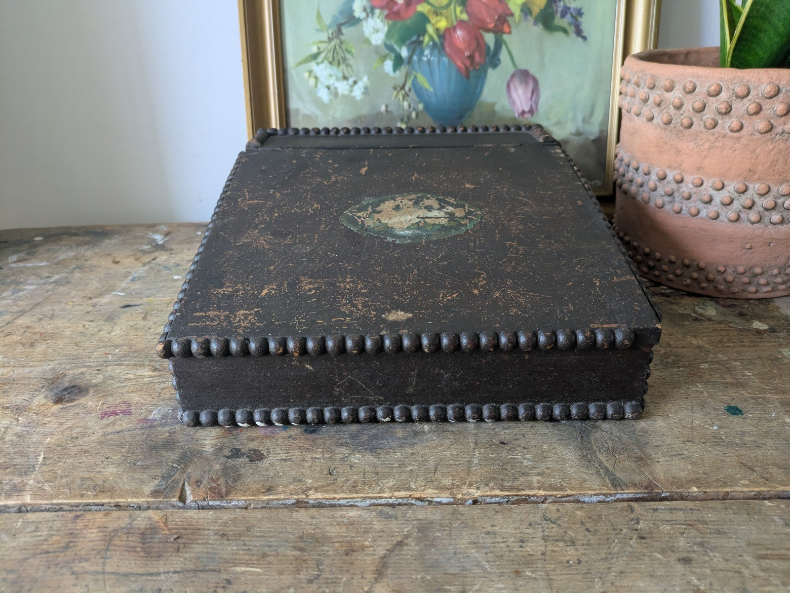 Antique Vintage Students Table Top Writing Slope Bobbin Small Box Stationary Old