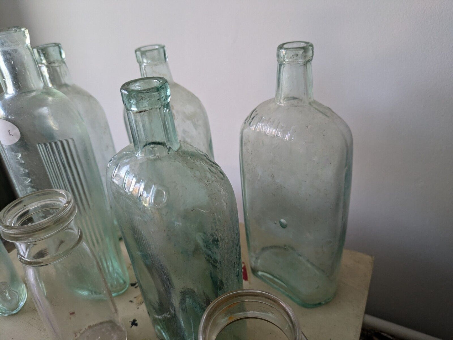 8x Antique Vintage Glass Bottles vase flower Scrubbs Chemist apothecary curved