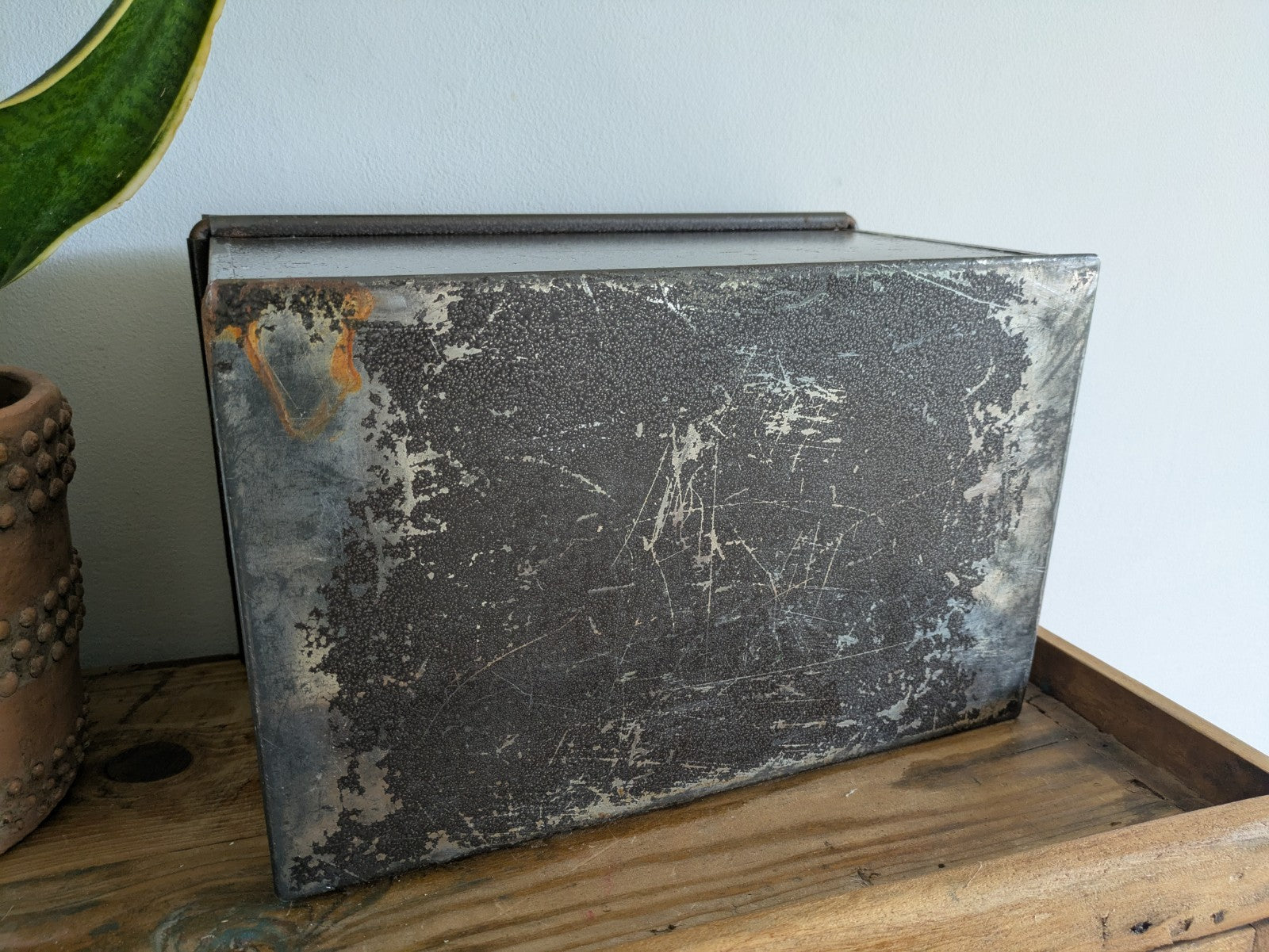 Vintage Metal Box Document Deed BOX  Grey Latch Hinged Lid Large Cash Tin File