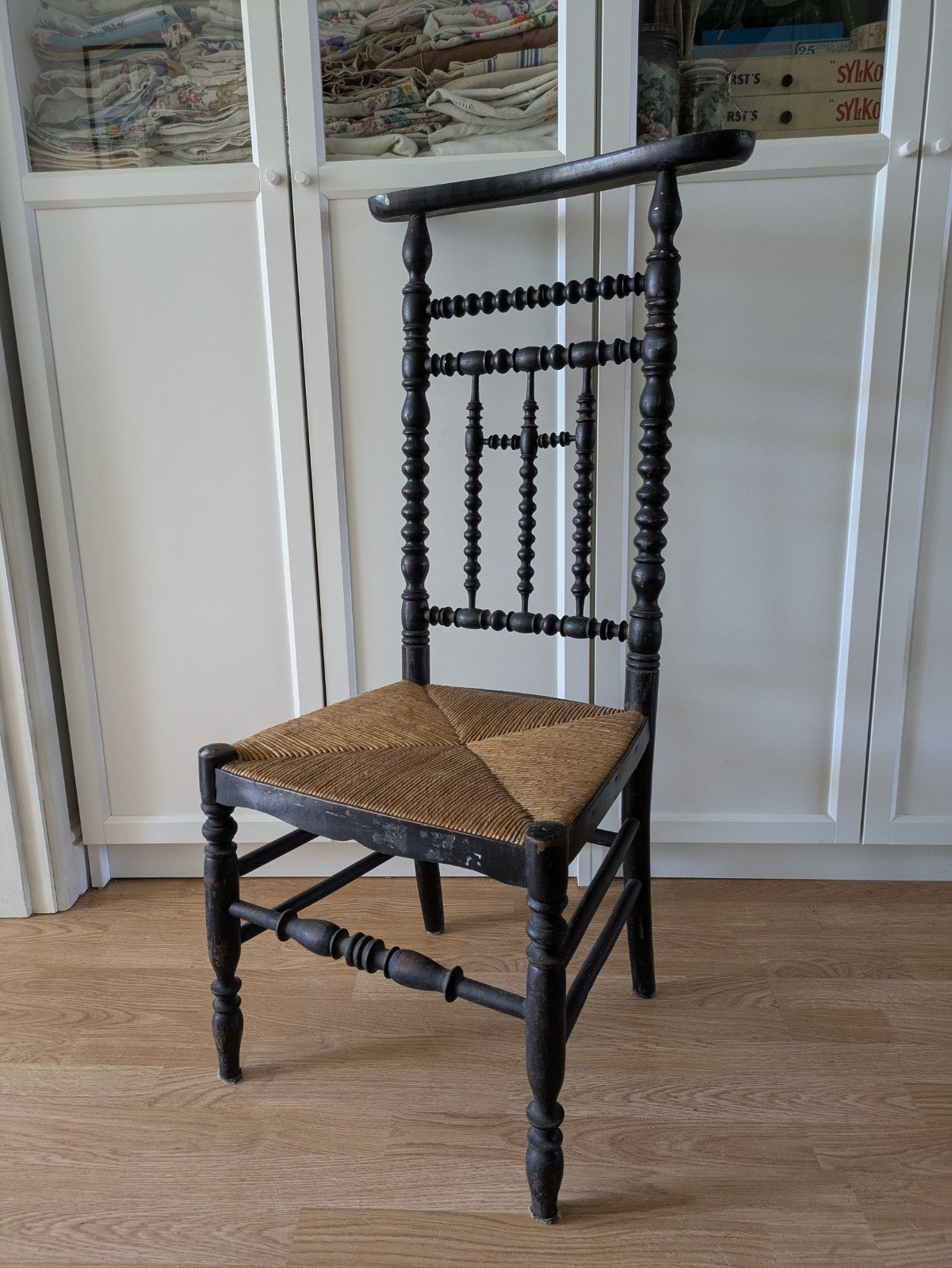 French Antique Prie Dieu Prayer Chair Bobbin Back Rush Seat 19th Century Rare