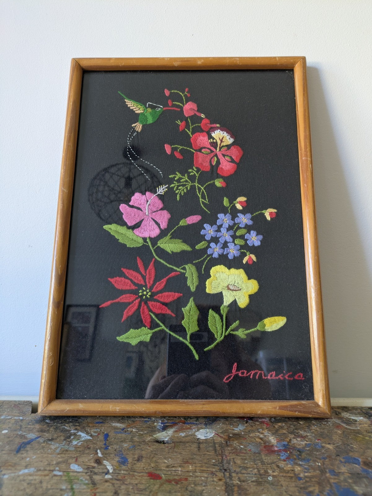 Vintage 1970s MC Jamaica Flowers Retro  Art Black Needlepoint Floral Embroidery