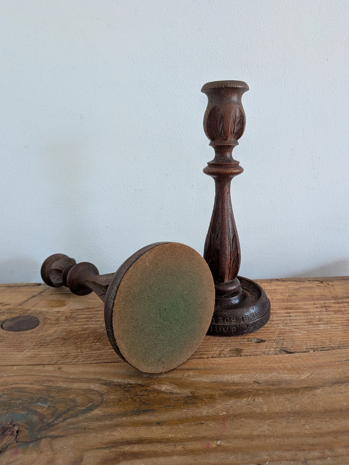 Vintage Antique Stump Oak Candlestick Holders Pair Hand Carved Candle 1930s Deco