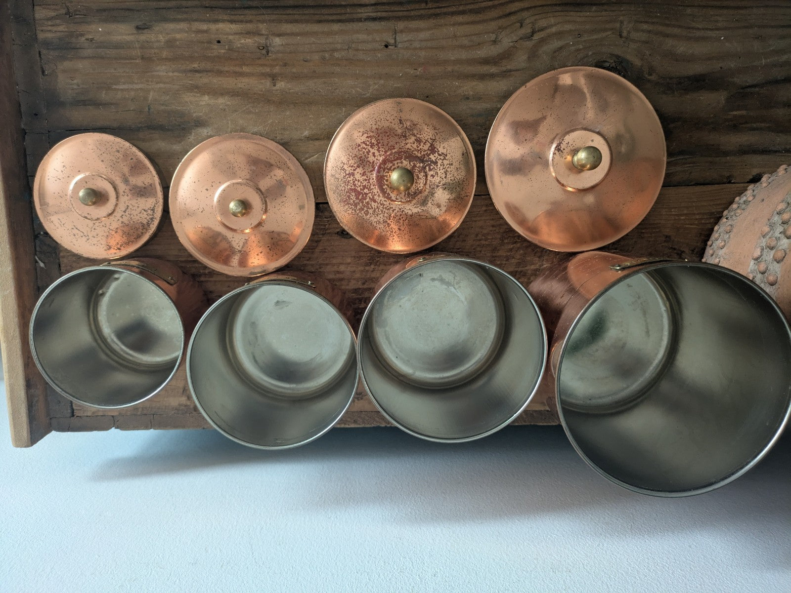 Vtg Copper 4 Nesting Kitchen Canisters MCM Farmhouse Flour Tea Coffee Sugar Prop