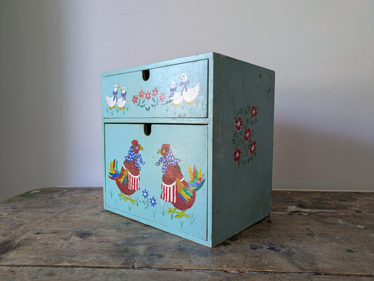 Folk Art Chicken CHEST of DRAWERS BOX KITCHEN Storage Wood Jewellery Vtg Floral