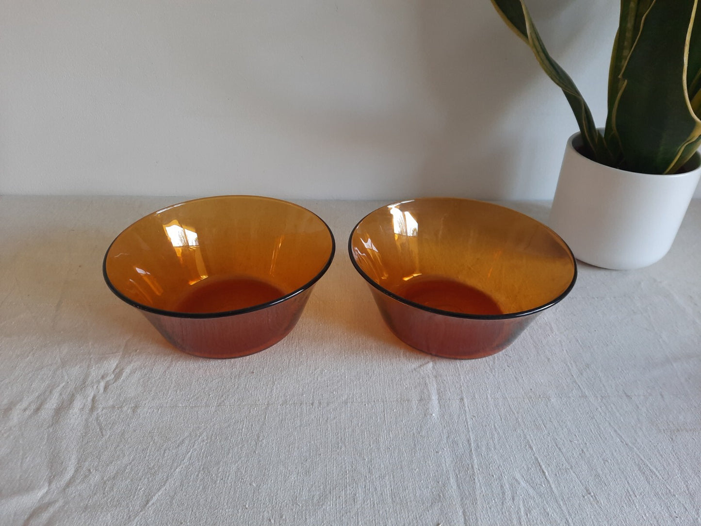 2x Amber Glass Serving Bowl Duralex France Vtg Mcm Mid Century Side Dish Deep