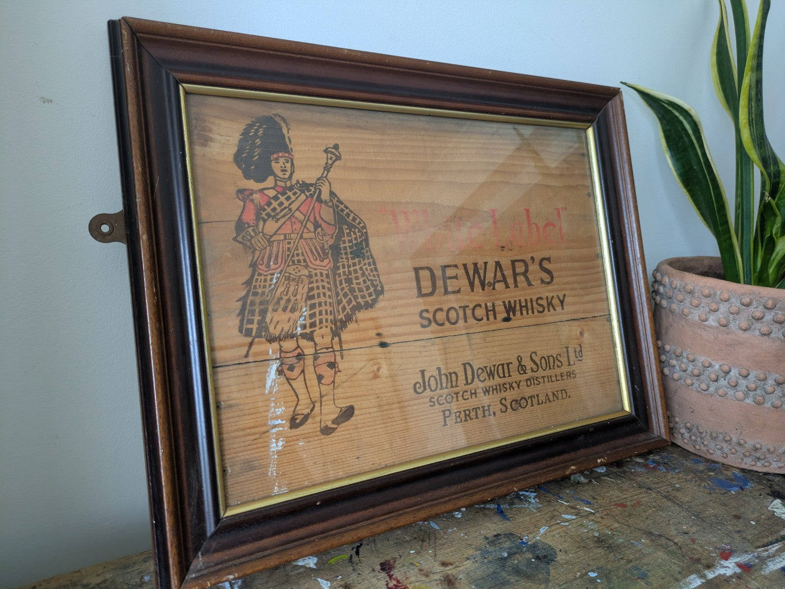 Dewars Whisky White Label Shop Pub Brewery Advertising Wooden Sign Framed Scotch