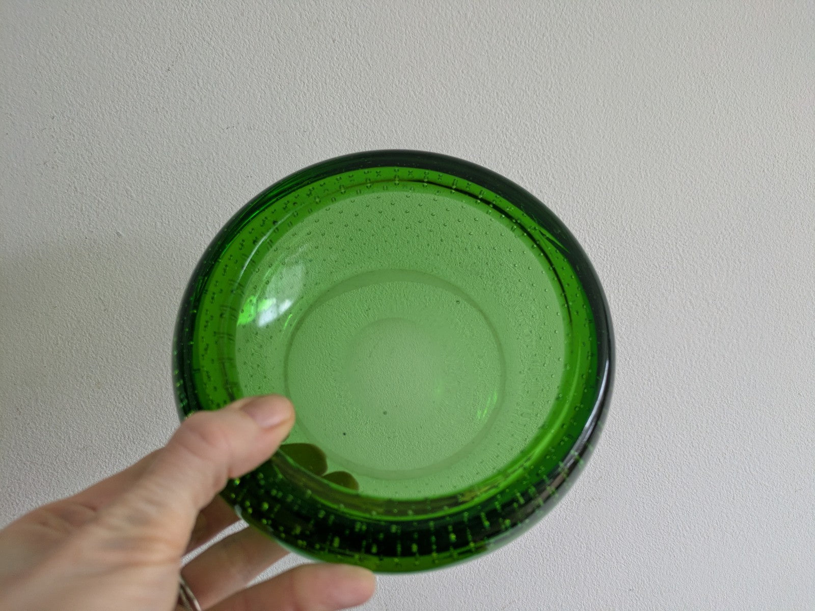 L Mid-Century Whitefriars Green Controlled Bubble Glass Ashtray/Bowl VTG Retro