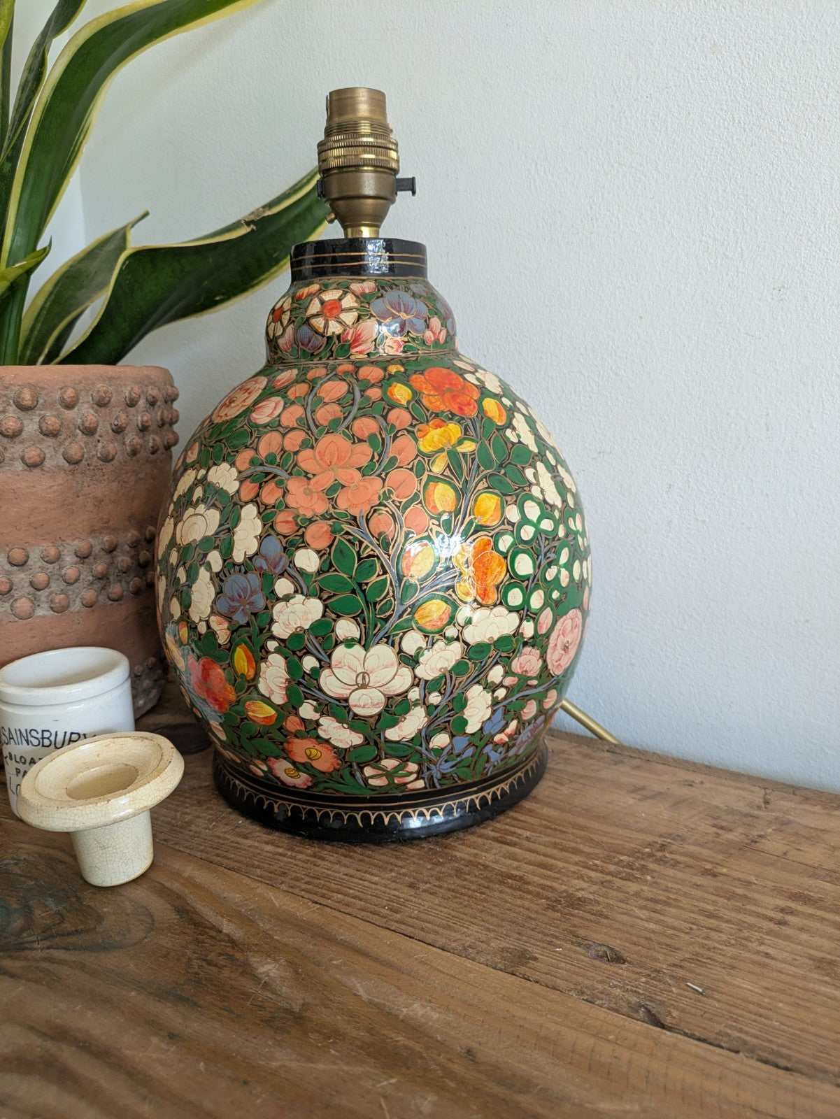 Lamp Base Vintage Kashmiri Indian Lacquer Papier Mache Gilded Flower Cloisonne
