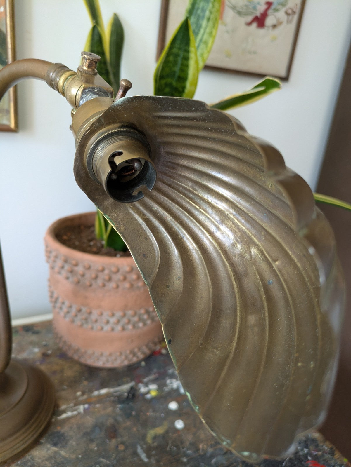 VINTAGE 1920s 30s ANTIQUE ART DECO BRASS SWAN NECK SHELL CLAM DESK LAMP WORKING!