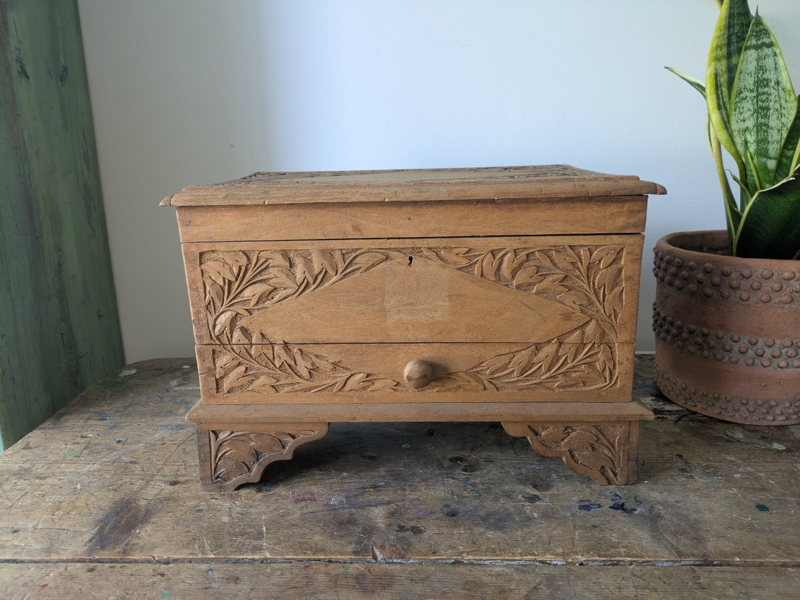Vintage Hand Carved Indian Wooden Storage Cabinet Chest Trunk Mango Wood Box Sml