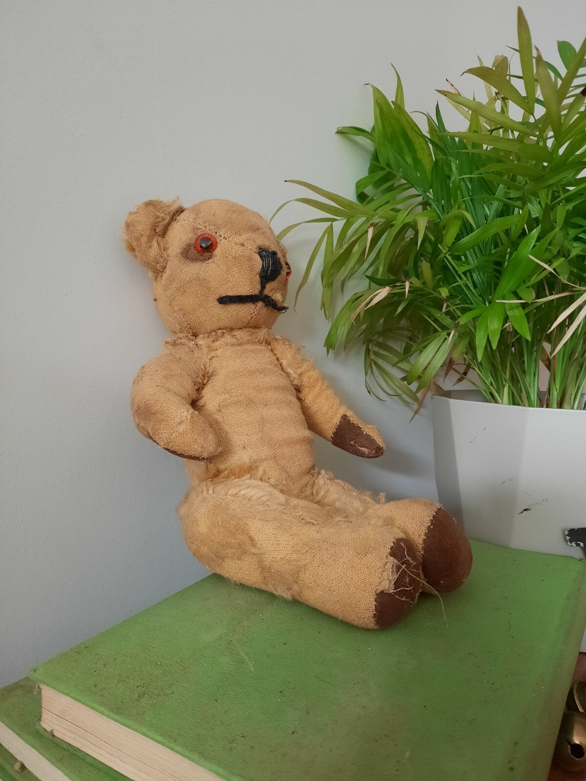 Antique Small Jointed Old Mohair Teddy Bear straw stuffed vintage RARE worn toy!