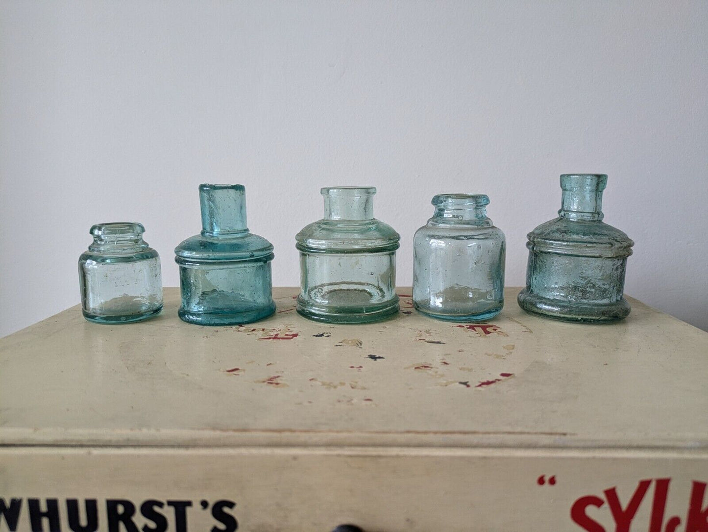 5x Antique Vintage Glass Bottles vase flower original apothecary ink old Prop