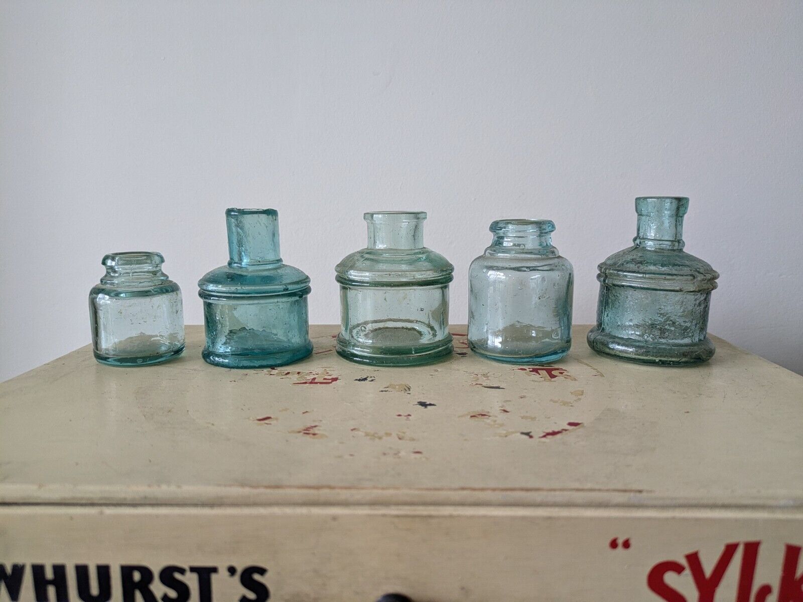 5x Antique Vintage Glass Bottles vase flower original apothecary ink old Prop