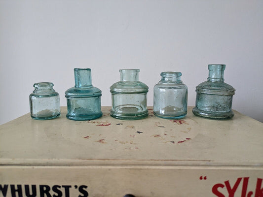 5x Antique Vintage Glass Bottles vase flower original apothecary ink old Prop