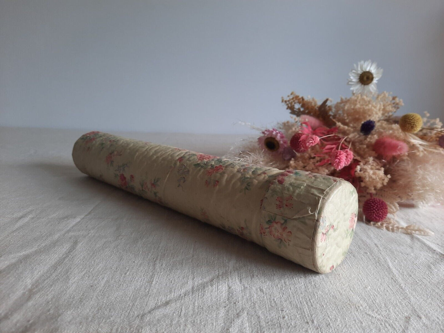 Vintage Knitting Needle Floral Case Rose Fabric Tube Rare Antique French Shabby 
