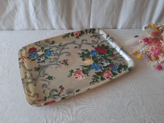 Vintage Fibreglass Cottage Floral Serving Tray lap dinner cabbage rose large Old