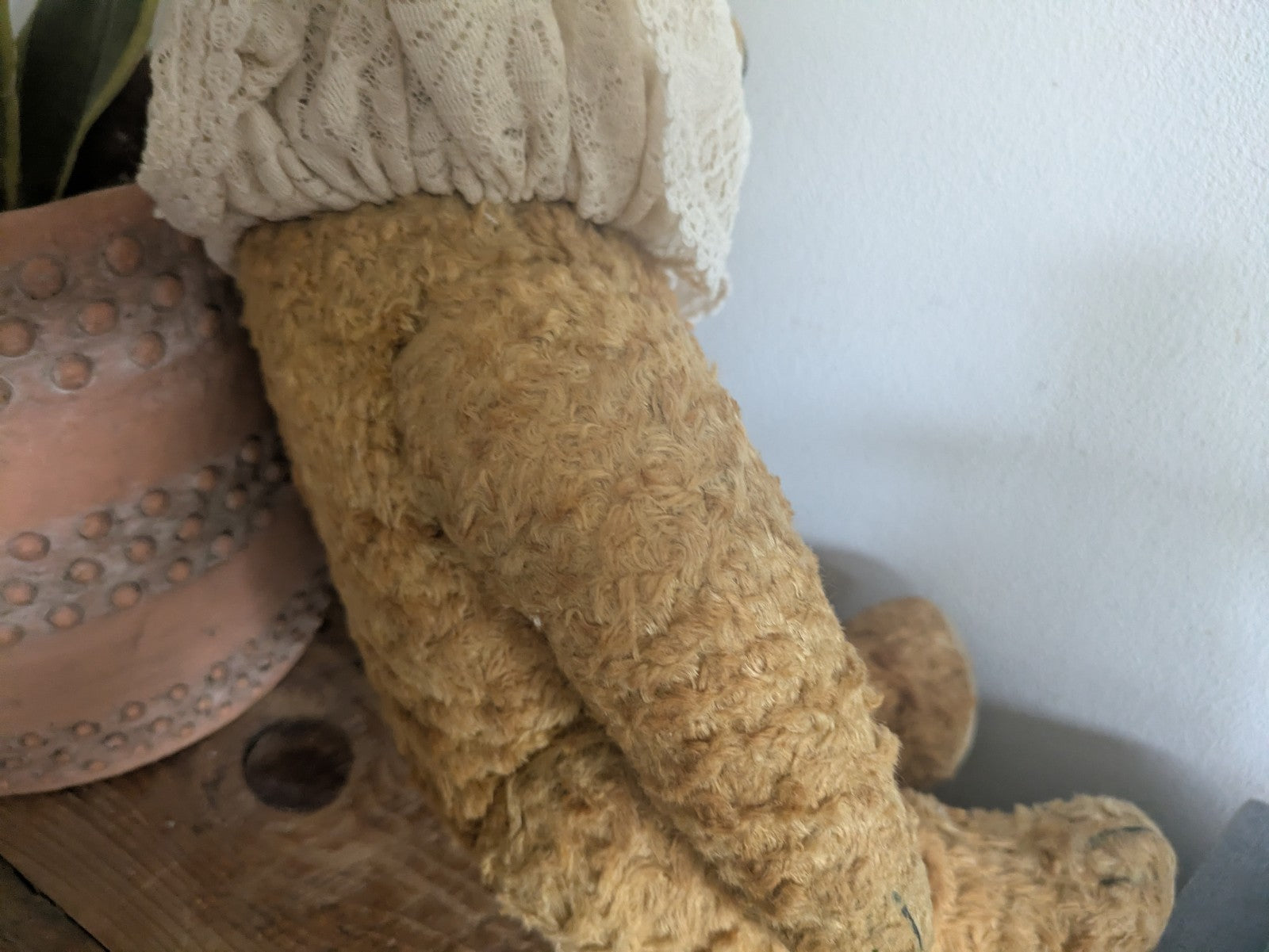 Antique Vintage Teddy Bear Straw Mohair  Articulated Jointed Toy Collar Prop Vgc