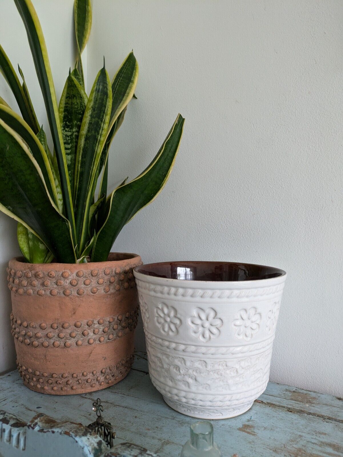 XL Mid Century West German Plant Pot Bay Keramik White Brown Floral Pattern Vtg