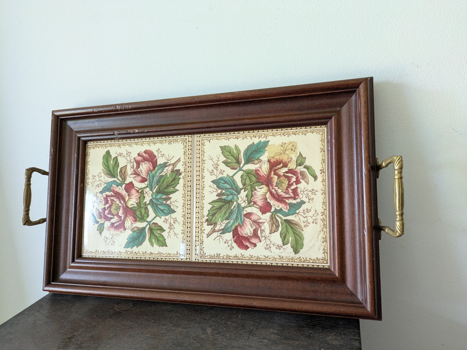 Vintage Tray Ceramic Rose Floral Tiles Wooden Frame & Brass Handles Serving Old