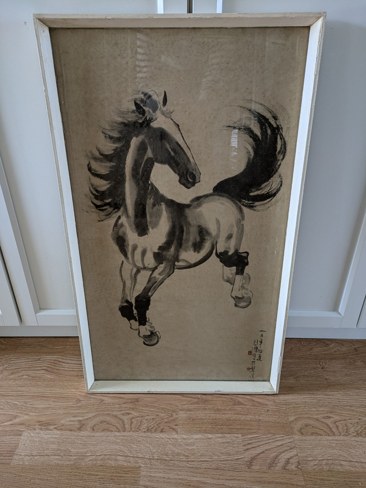 Mcm Large Vintage 1950s Framed Xu Beihong Print Chinese Galloping Horse Ink Old