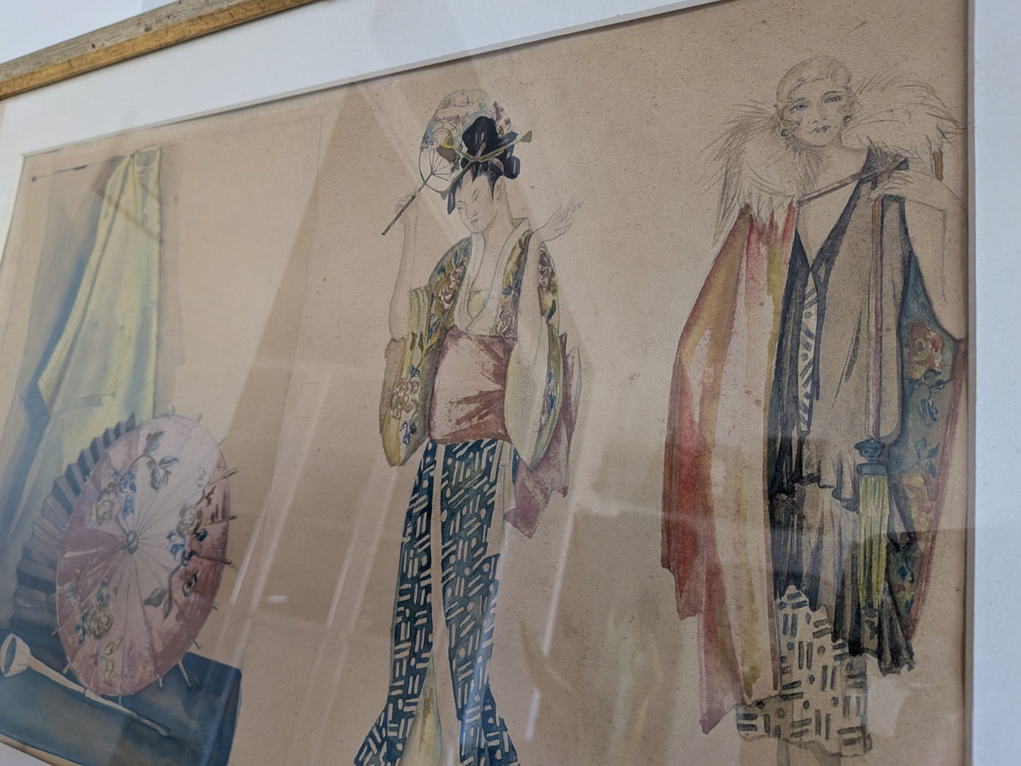 Original Fashion Design Drawing Painting 1920's Signed Hinchliffe Oriental Asian