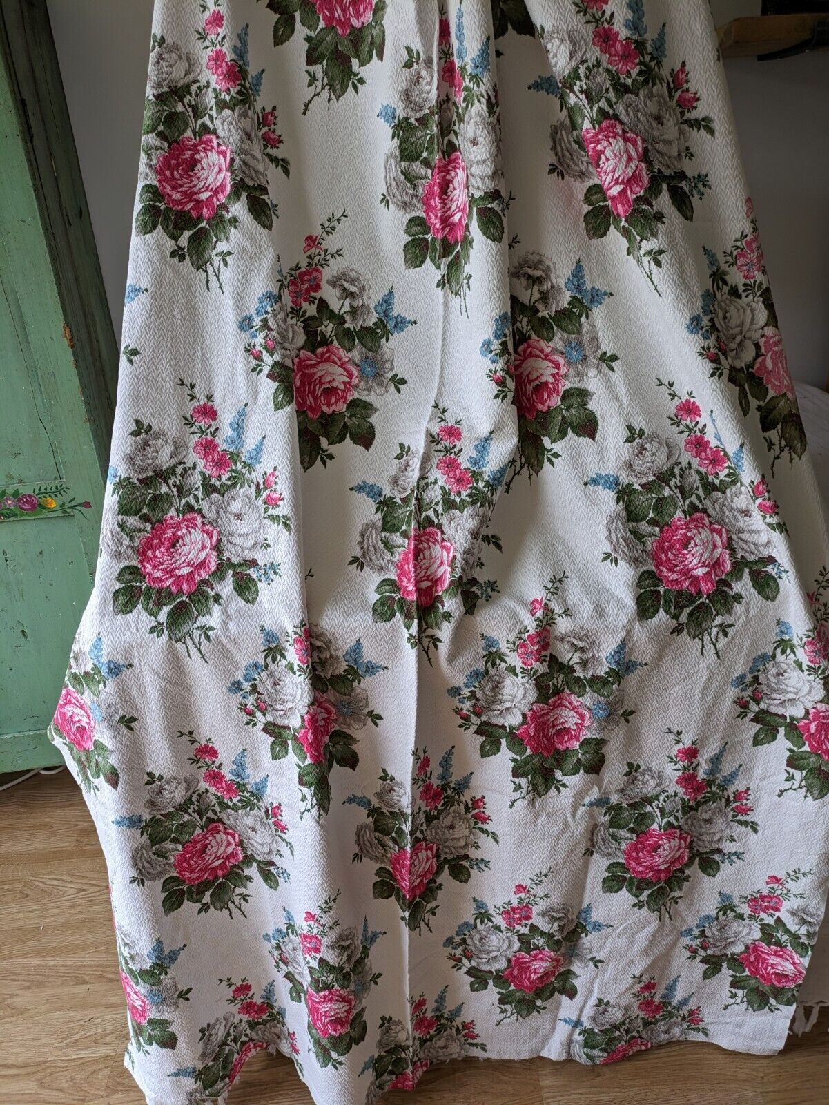 Pair of barkcloth floral Curtains W112 L193cm Pink Rose rare 1950s retro vintage