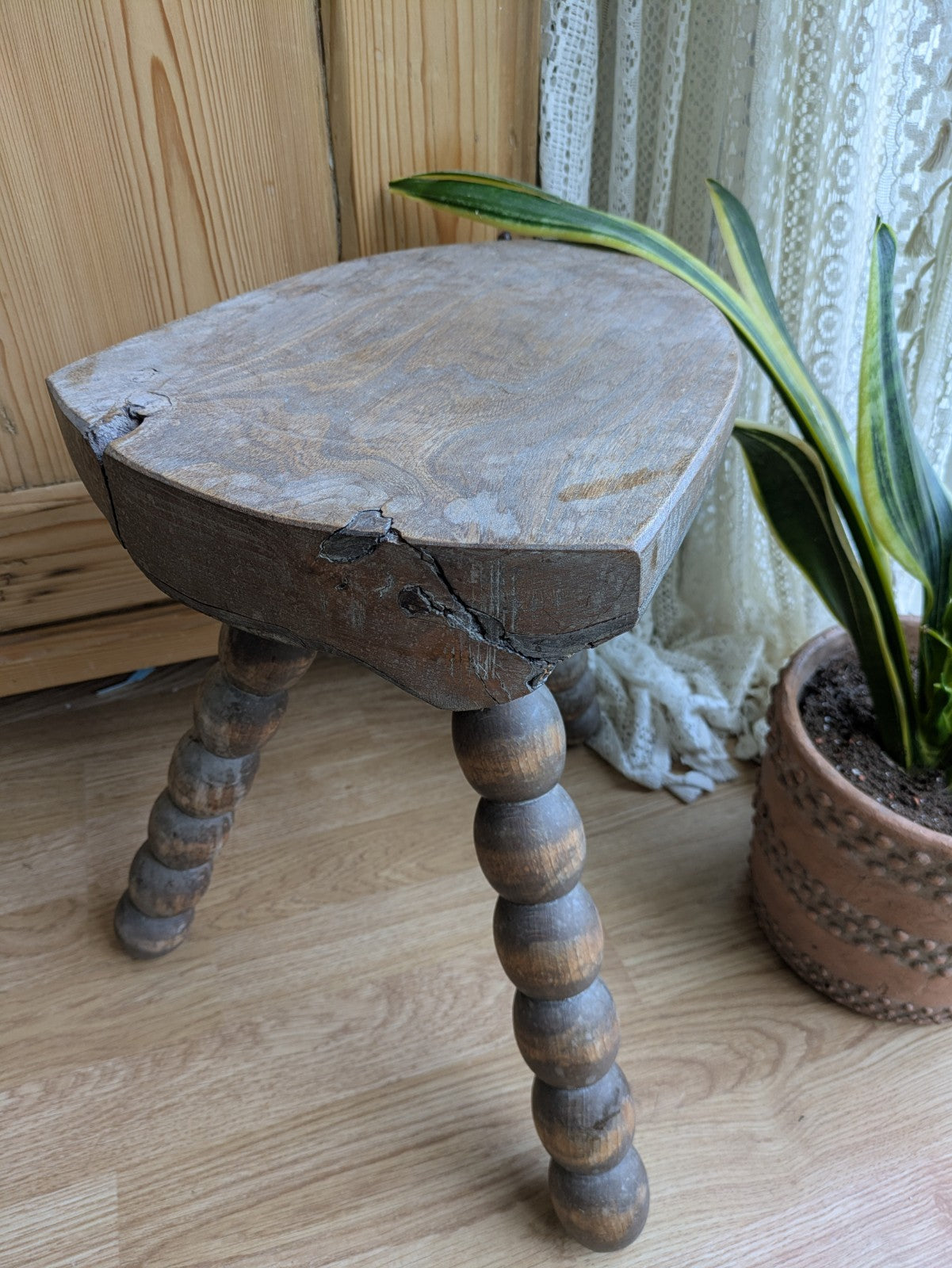 Antique 19th Century Vintage French Tripod Bobbin Leg Stool Plant Or Lamp Stand