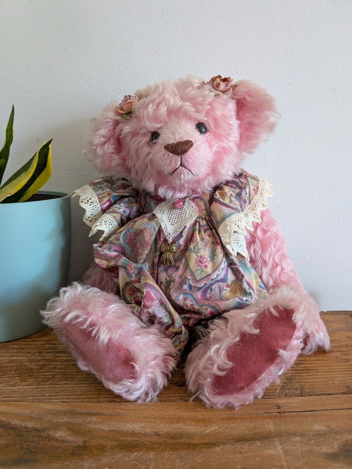 Artist Made Bear Fully Jointed Pink Rosie Handmade Roses Floral Vintage Style 