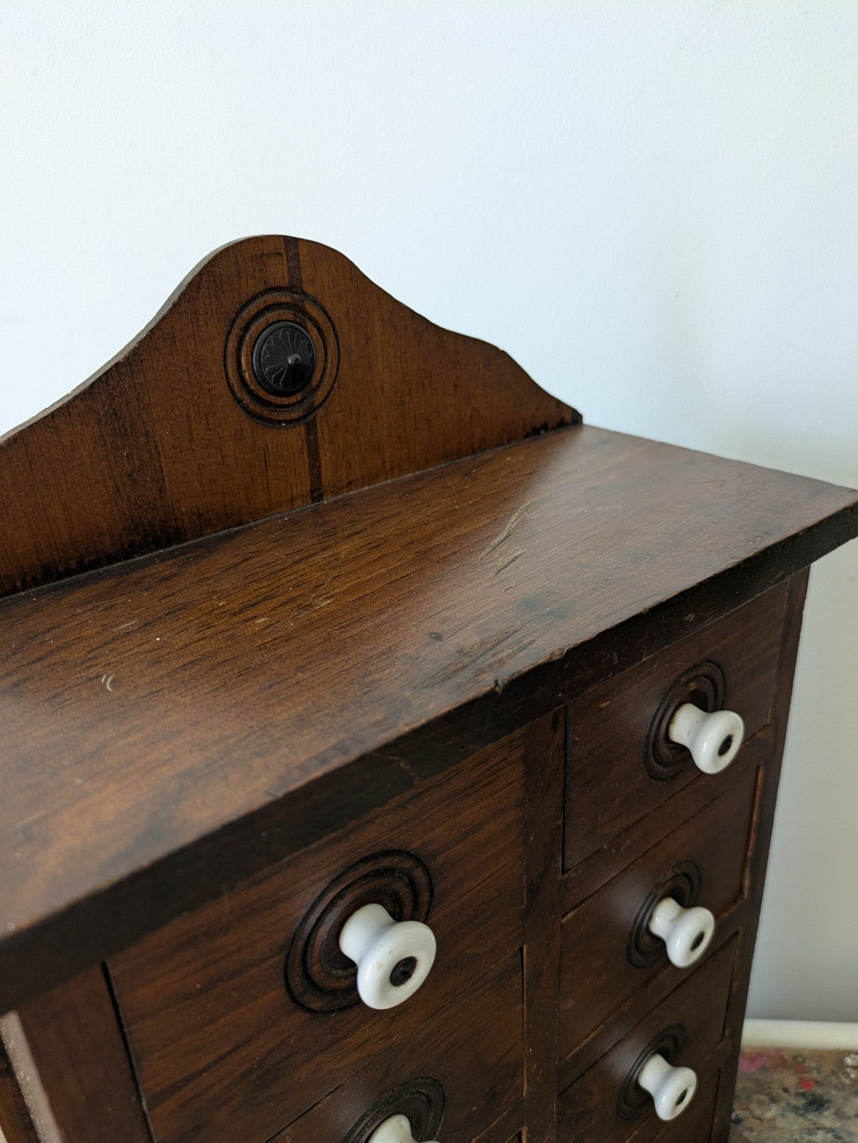 Antique Set of Eight Early 20th Century Wooden Spice Drawers Porcelain Knobs Vtg