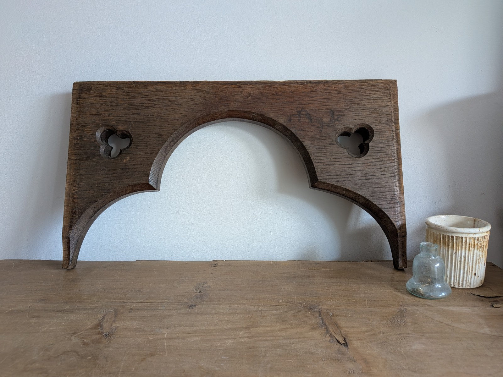 Antique Gothic Revival Panel Solid Oak Wood Salvage Piece Clover Arch Decor Vgc