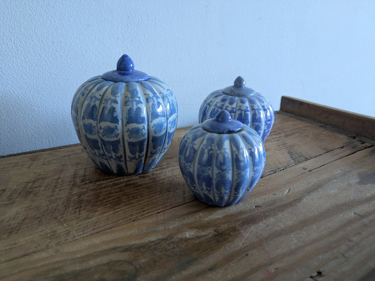 Set of 3 Chinoiserie Blue and White Porcelain Pumpkin-Shaped Ginger Jars Trio 