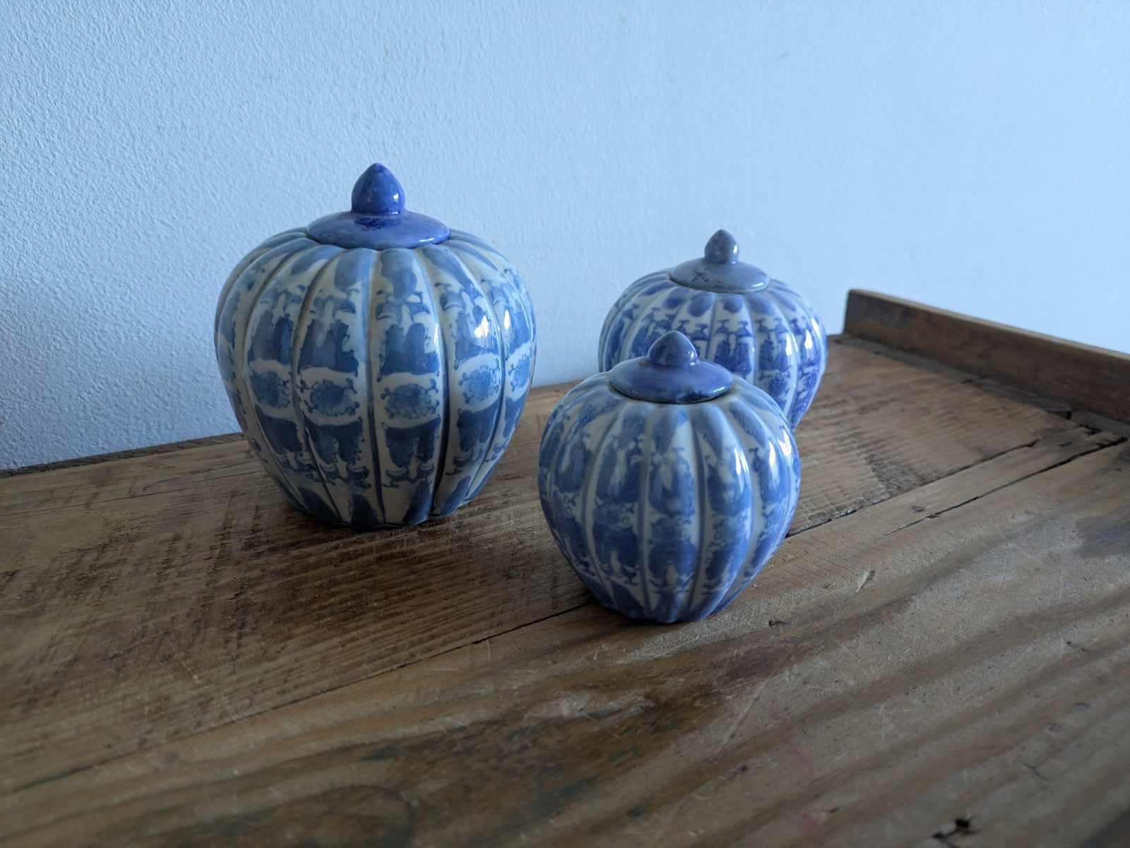Set of 3 Chinoiserie Blue and White Porcelain Pumpkin-Shaped Ginger Jars Trio 
