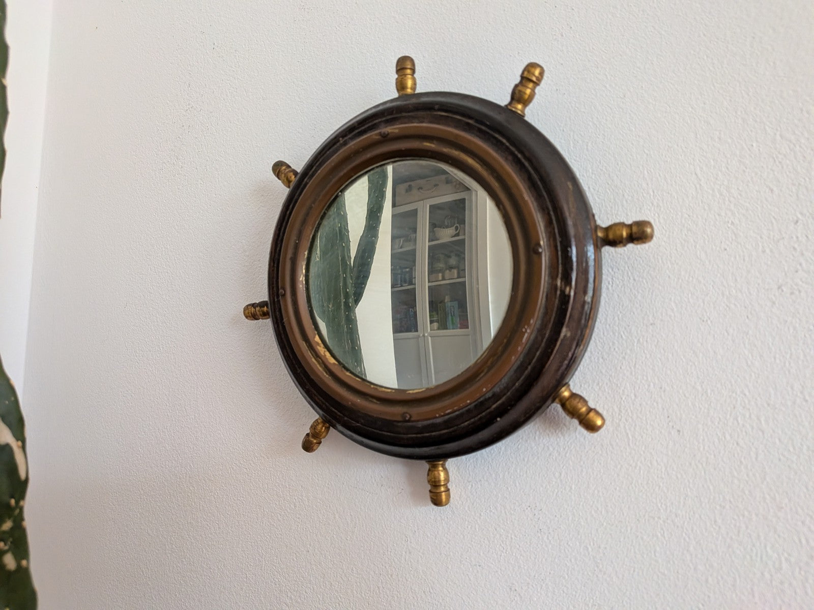 Antique Porthole Maritime Mirror Solid Oak Small Ships Wheel Nautical 1920s Vtg!