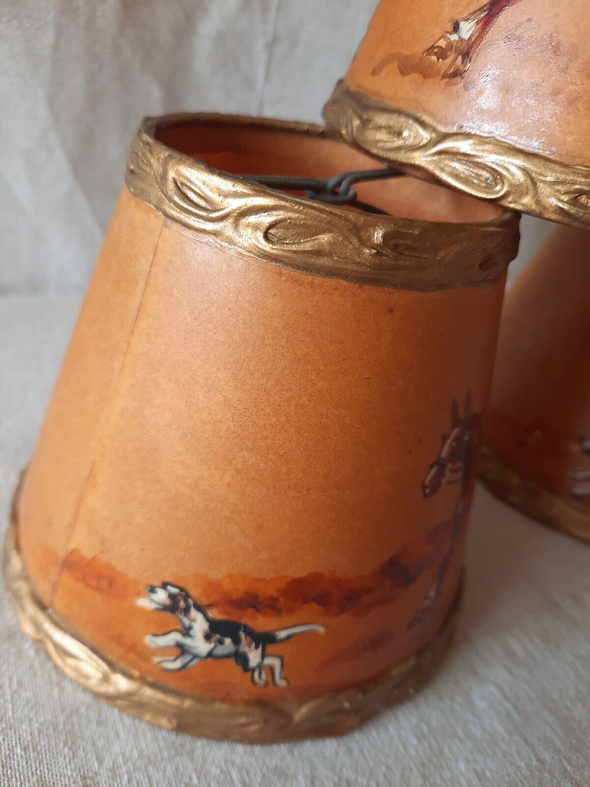 3x Rare Vintage 1950s Clip-on Lamp Shade Hand Painted Hunting English Dog Horse